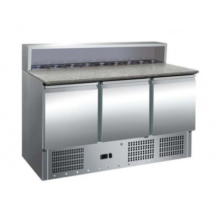 Pizza refrigerated worktop, capacity of 400 liters, working temperature +2C/+8C, internal dimensions 1295x595x500mm, external dimensions 1365x700x1100mm, voltage 220V, power 230W, weight 155KG