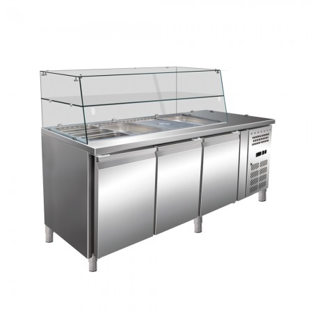 Salad preparation refrigerator with glass display