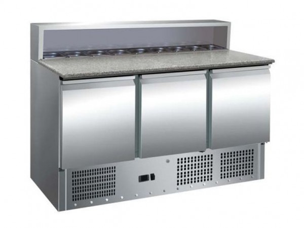 Pizza refrigerated worktop, capacity of 400 liters, working temperature +2C/+8C, internal dimensions 1295x595x500mm, external dimensions 1365x700x1100mm, voltage 220V, power 230W, weight 155KG