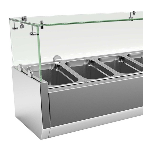 Countertop refrigerated preparation rail, inox, capacity 8 pan GN 1/4, refrigerated agent R134a, capacity 44 liters, external dimensions 1500x335x435mm, voltage 220V, power 150W, weight 29KG