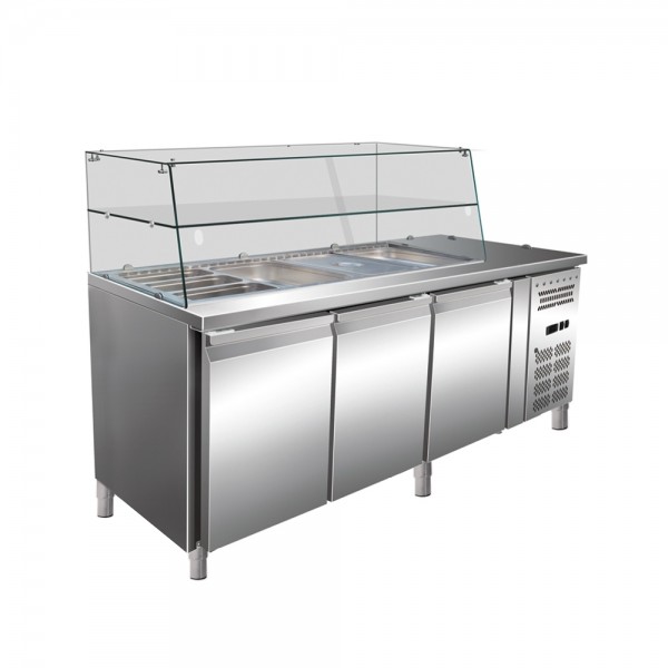 Salad preparation refrigerator with glass display