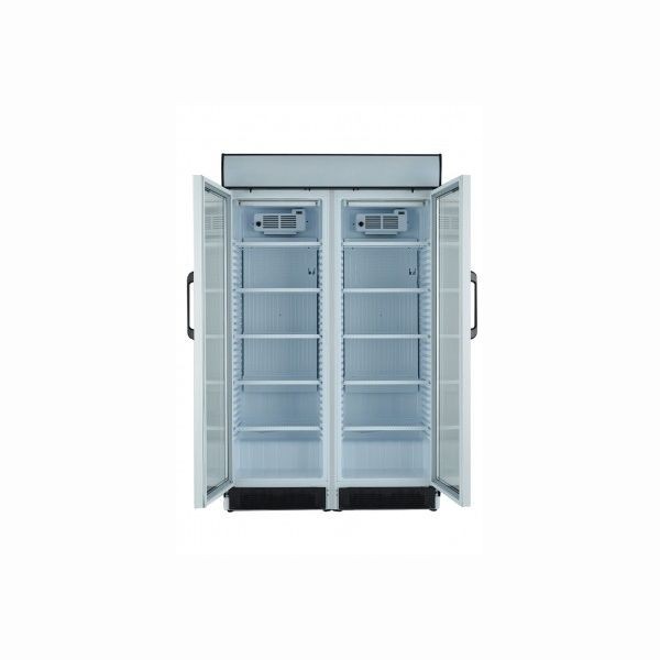Double vertical refrigeration showcase with canopy, 2 hinged doors, working temperature 1°C÷10°C